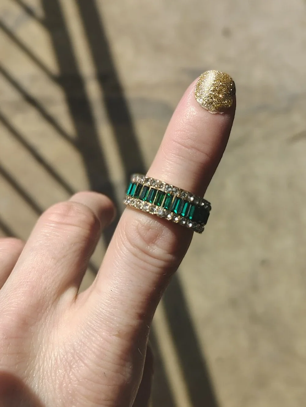 Emerald Band Ring with Clear Accents - Gold Tone